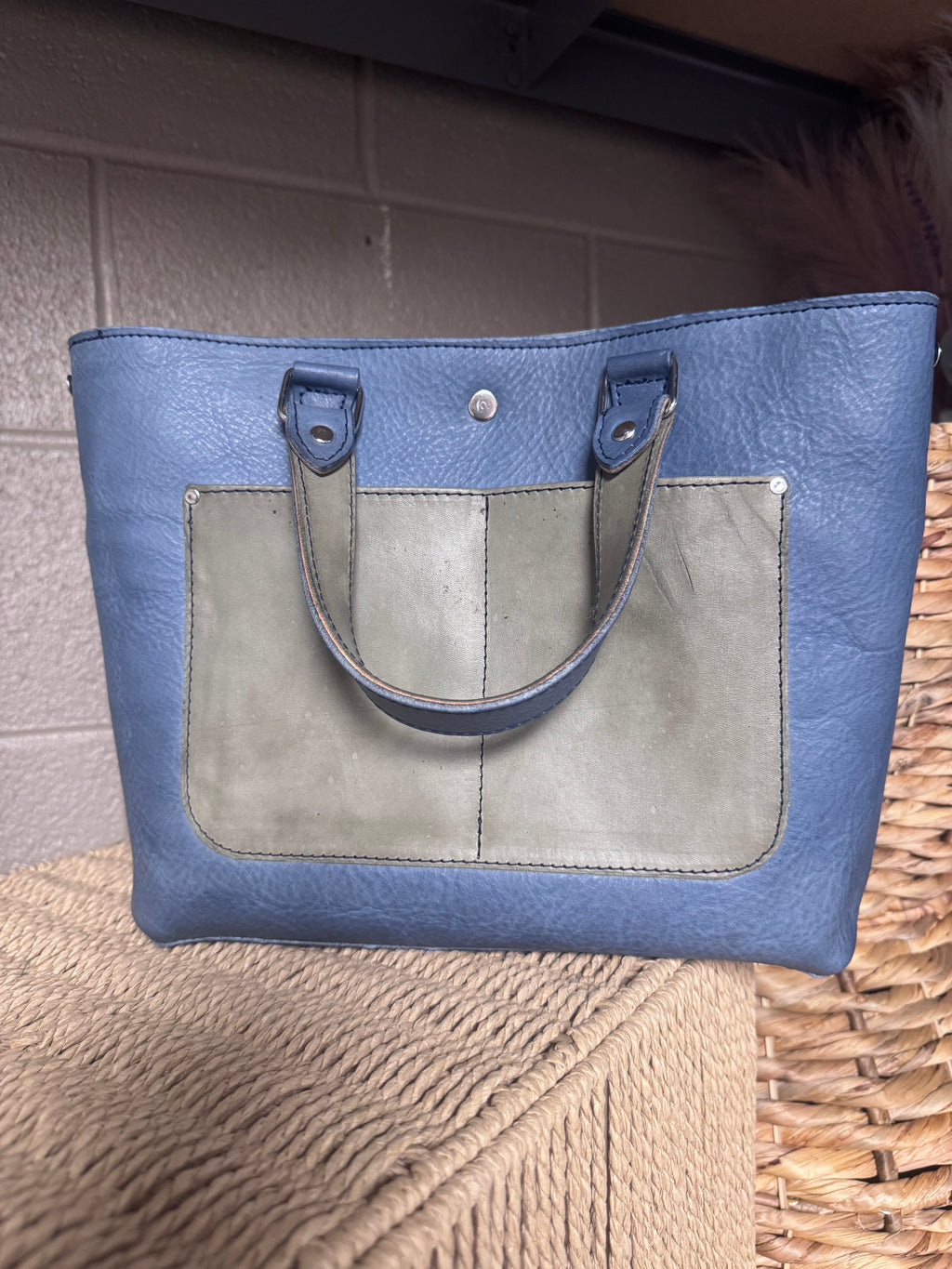 Full grain leather hair on daisy denim/ navy