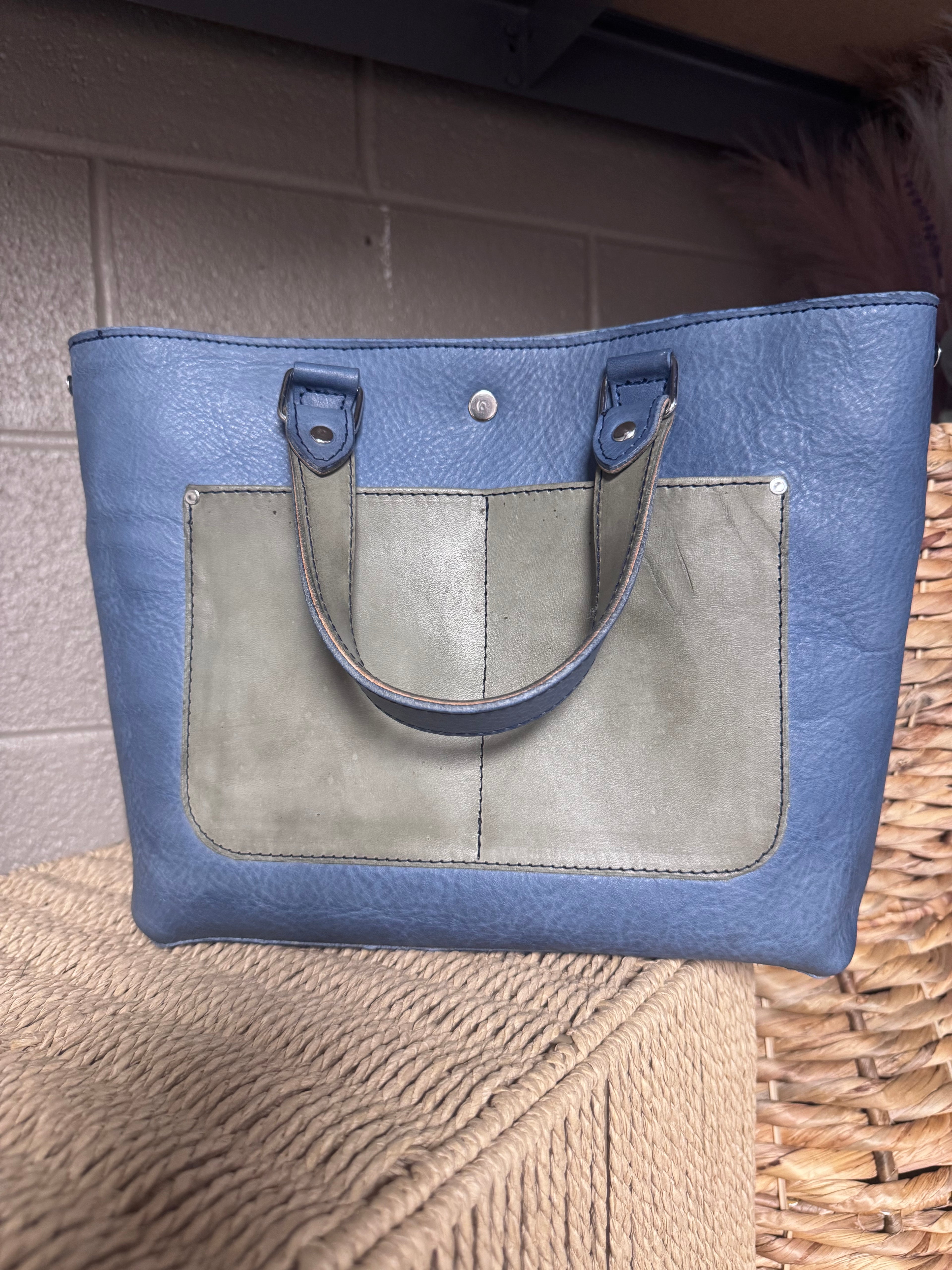 Full grain leather hair on daisy denim/ navy