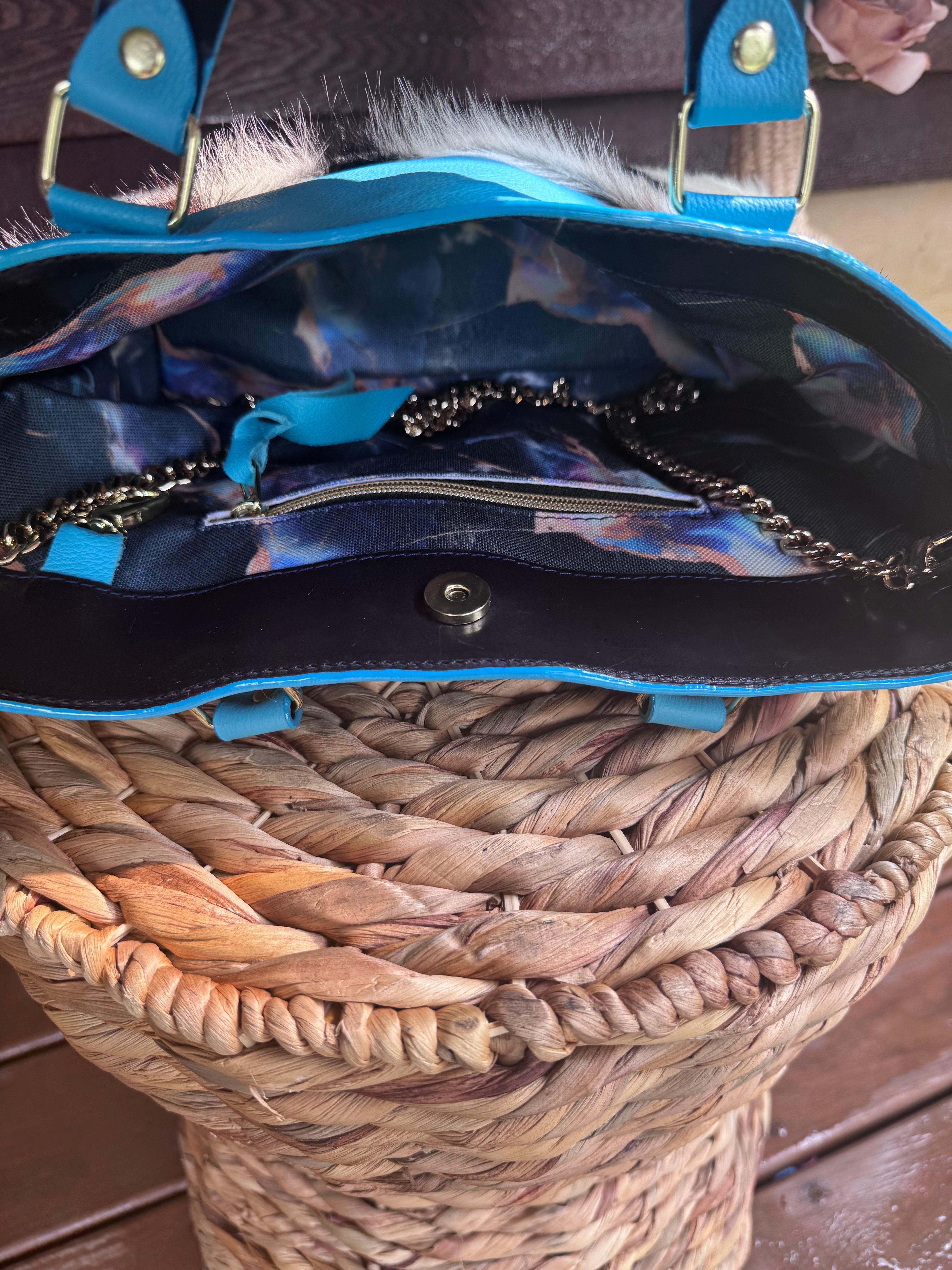 Full grain leather hair on daisy turquoise/ navy