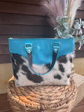 Full grain leather hair on daisy turquoise/ navy
