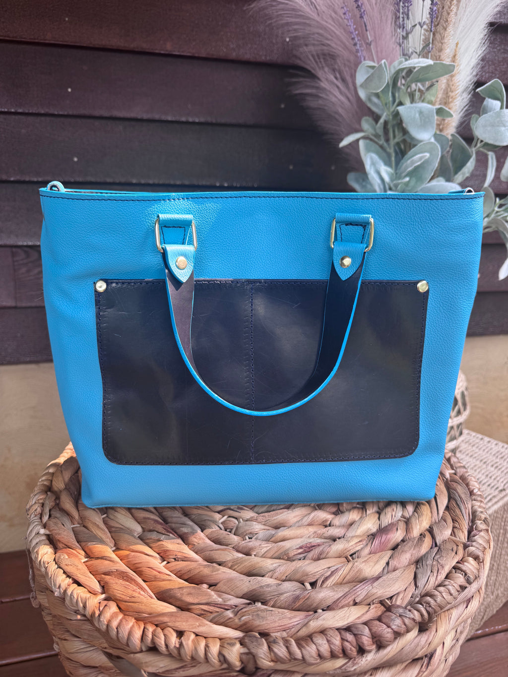 Full grain leather hair on daisy turquoise/ navy