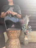Full grain leather hair on daisy denim/ navy