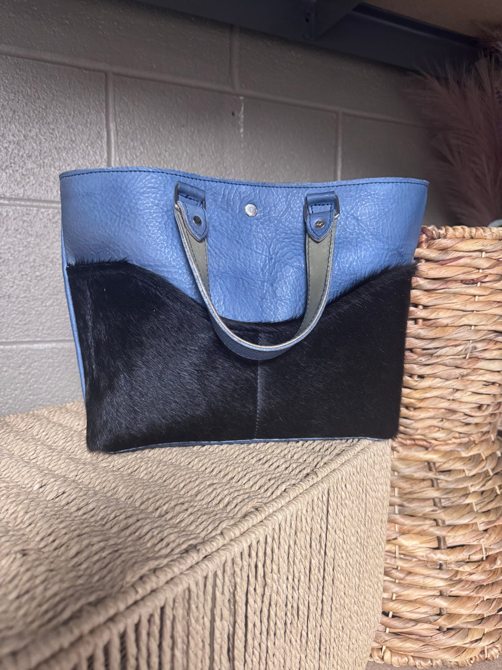 Full grain leather hair on daisy denim/ navy