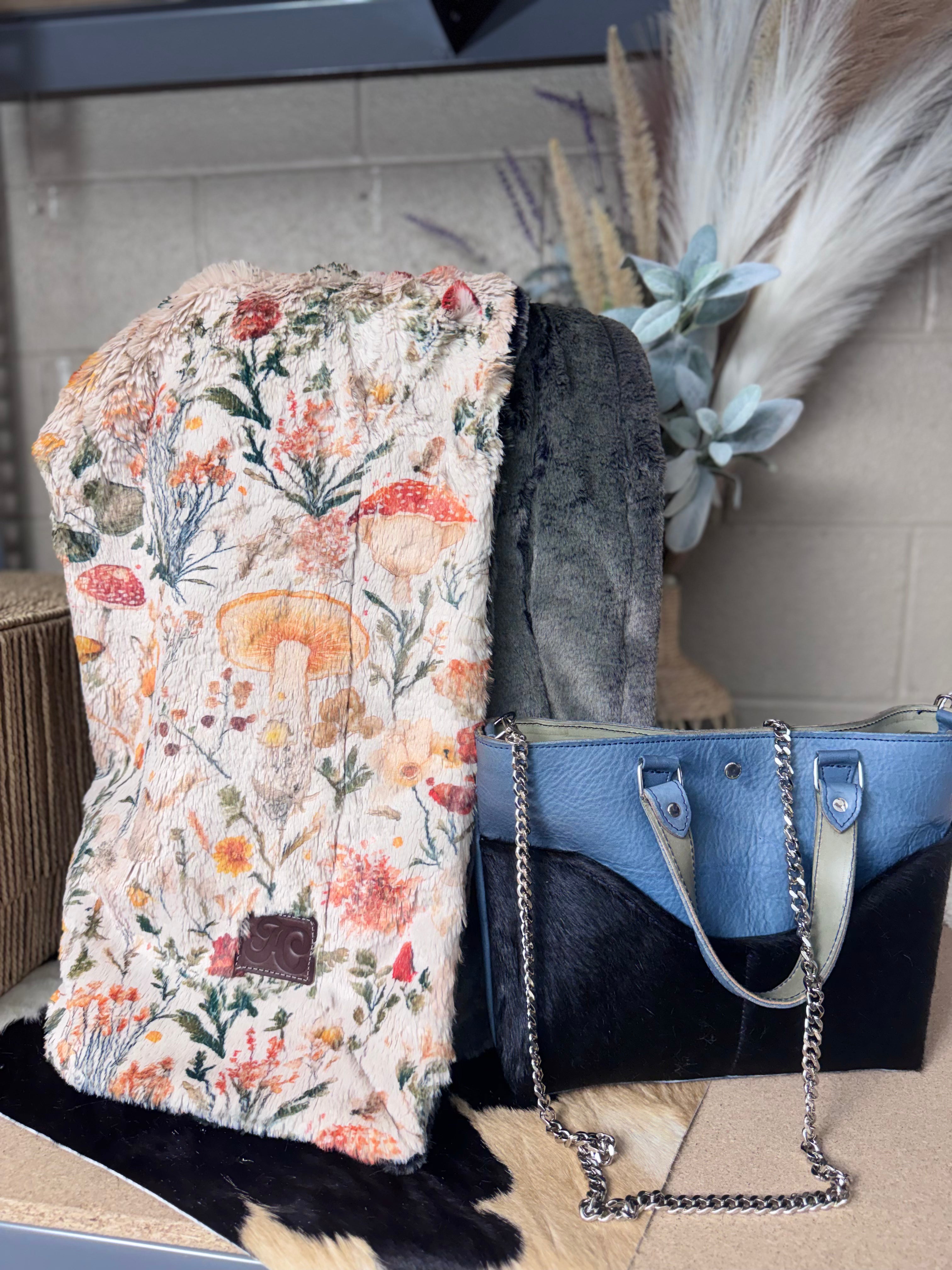 WAF throw whimsy mushrooms on pine grove iced Sydney/ denim daisy bag with silver chain strap